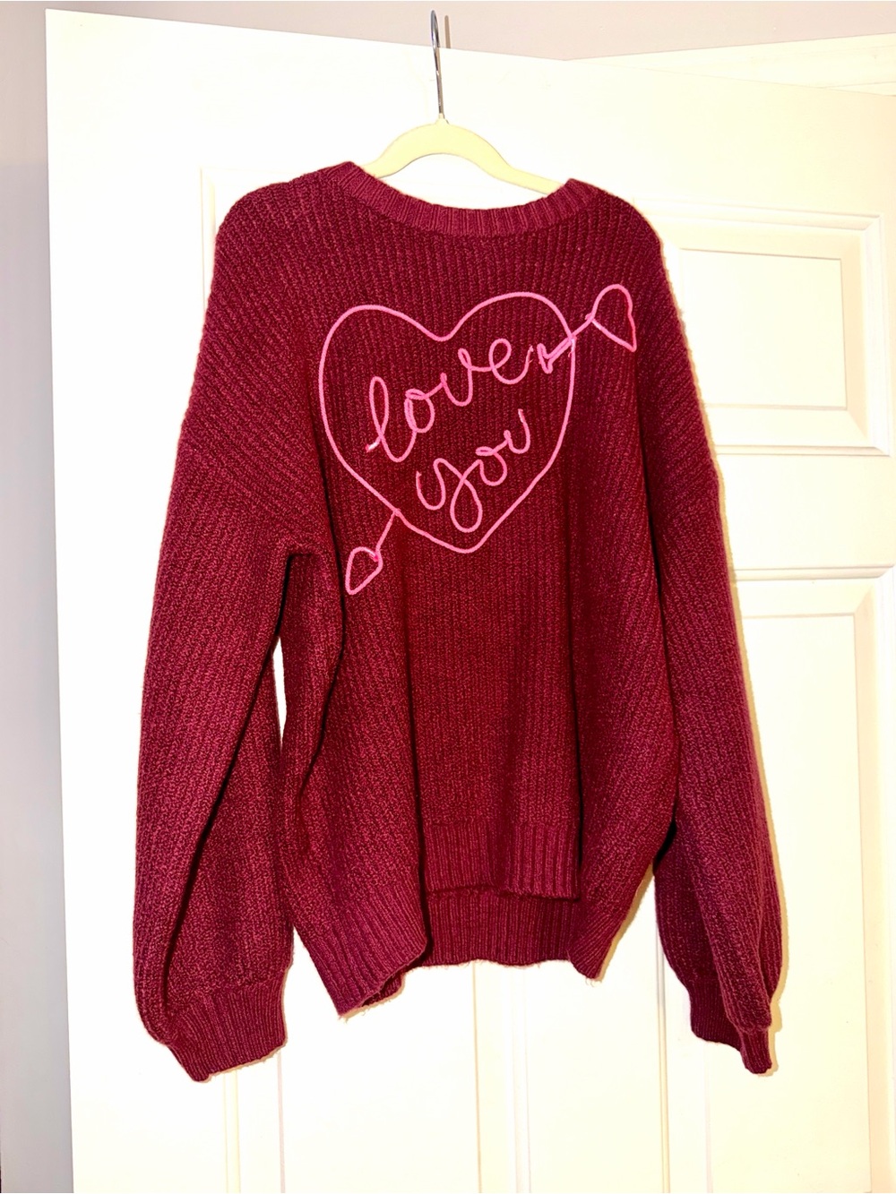 Old Navy Maroon Knit Sweater with Pink Heart Script “Love You”